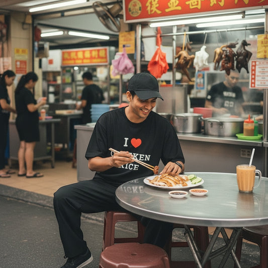 Readywear black 100% combed cotton oversized t-shirt with "I Love Chicken Rice" graphic print.