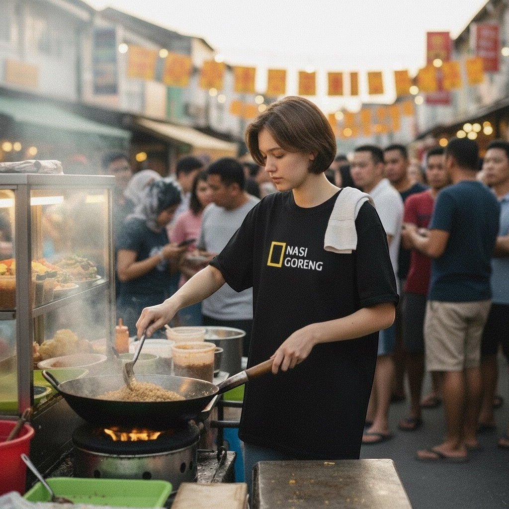 Readywear black 100% combed cotton t-shirt with a parody Nasi Goreng graphic and oversized fit.
