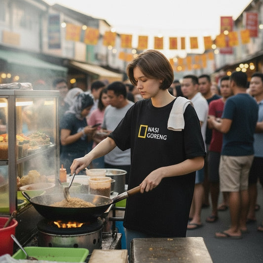 Readywear black 100% combed cotton t-shirt with a parody Nasi Goreng graphic and oversized fit.