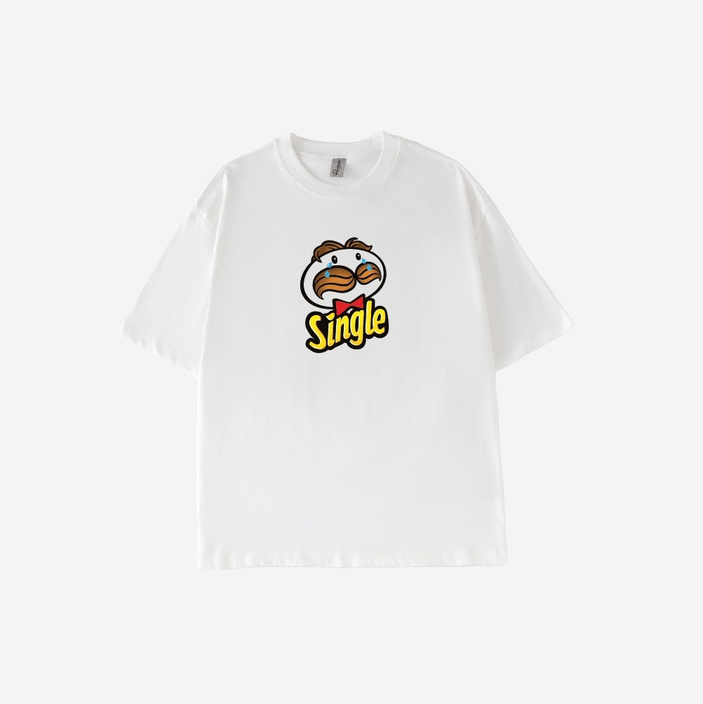 Readywear white 100% combed cotton oversized graphic t-shirt with a parody Pringles character saying "Single".