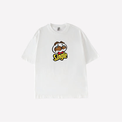 Readywear white 100% combed cotton oversized graphic t-shirt with a parody Pringles character saying "Single".