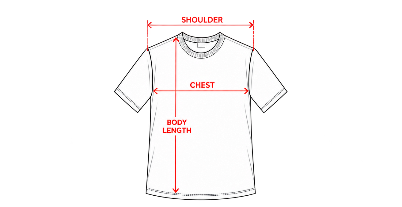 T-shirt diagram showing shoulder, chest and body length measurement points.