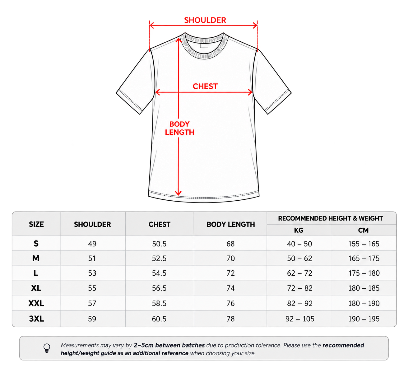 T-shirt diagram showing shoulder, chest and body length measurement points.